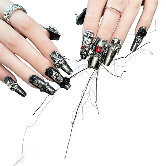 Graveyard Talisman - Vintage Metal Skull Gothic Coffin Press On Nails