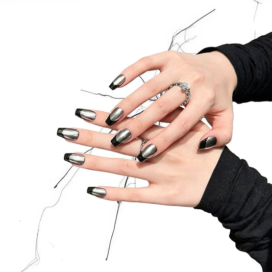 Silver Split - Chrome Silver Black Ombre Gothic Coffin Press On Nails