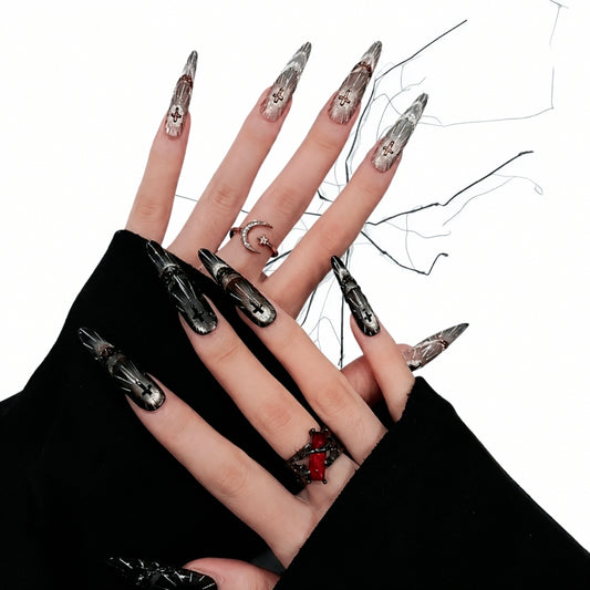 Twin Sanctum - Nude Black Cross Gothic Stiletto Press On Nails