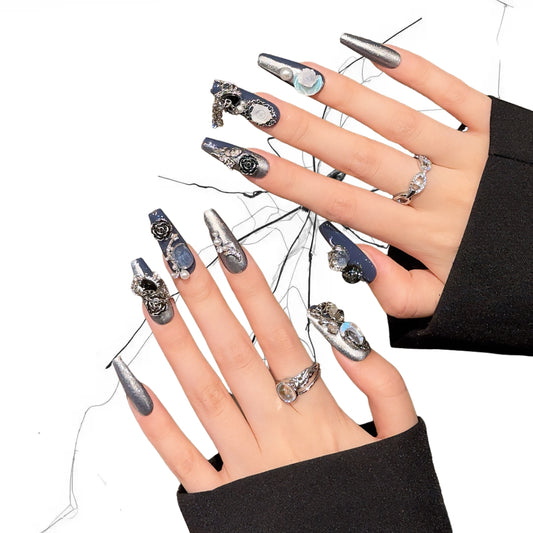 Lunar Blue Noir - Holographic Moon Chain Gothic Coffin Press On Nails