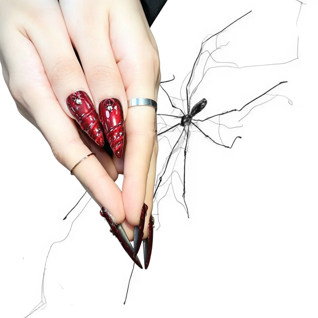 Blood Spiral - Crimson 3D Swirl Gothic Stiletto Press On Nails