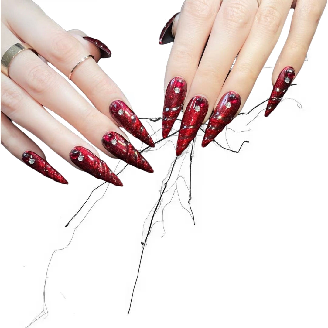 Blood Spiral - Crimson 3D Swirl Gothic Stiletto Press On Nails
