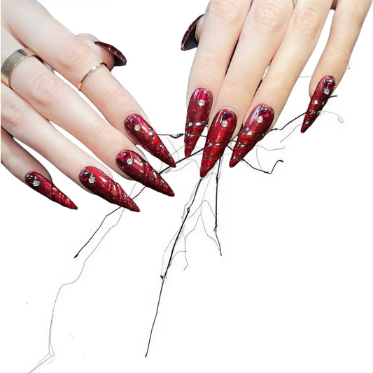 Blood Spiral - Crimson 3D Swirl Gothic Stiletto Press On Nails