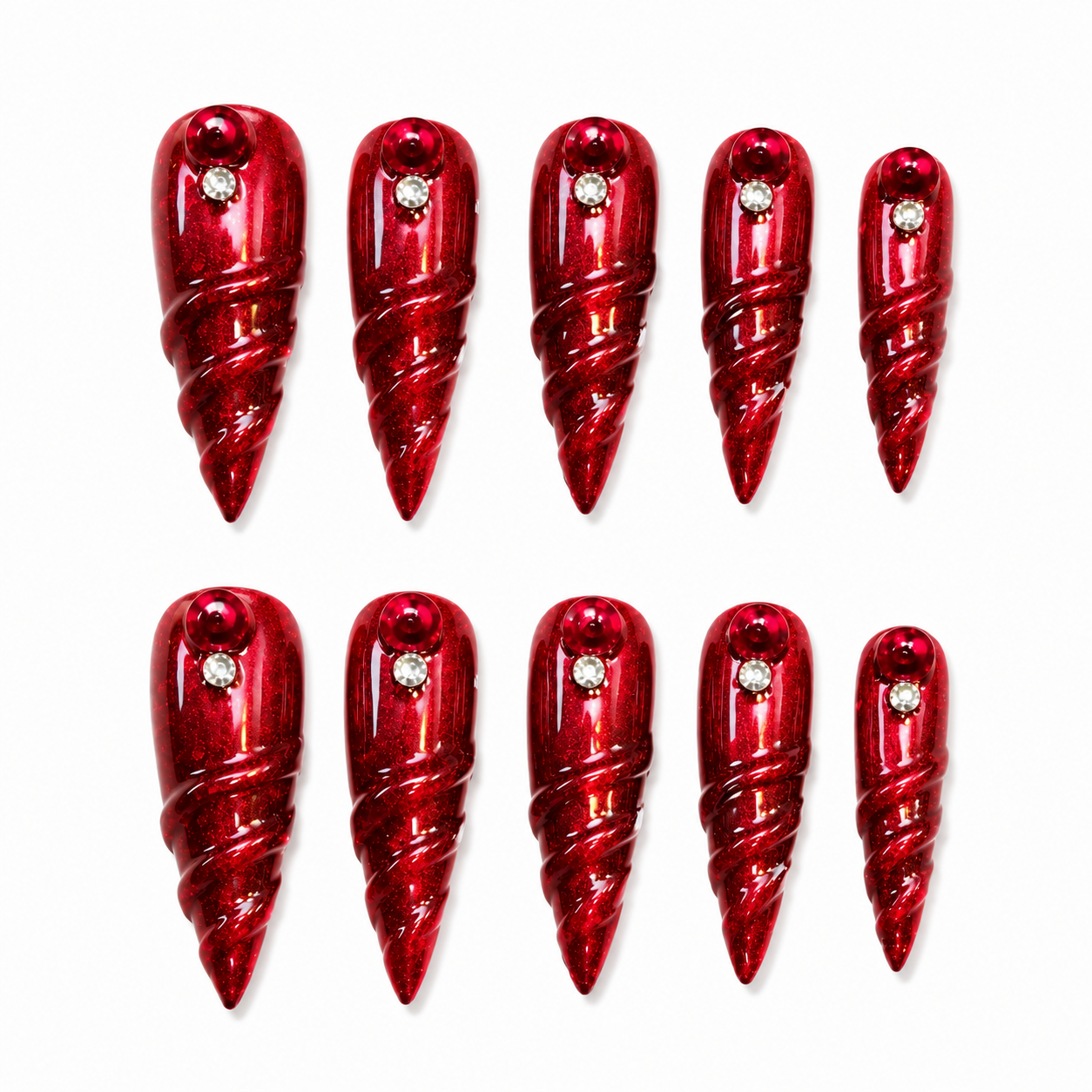 Blood Spiral - Crimson 3D Swirl Gothic Stiletto Press On Nails