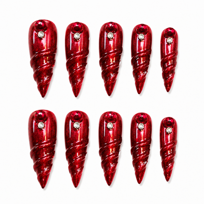 Blood Spiral - Crimson 3D Swirl Gothic Stiletto Press On Nails