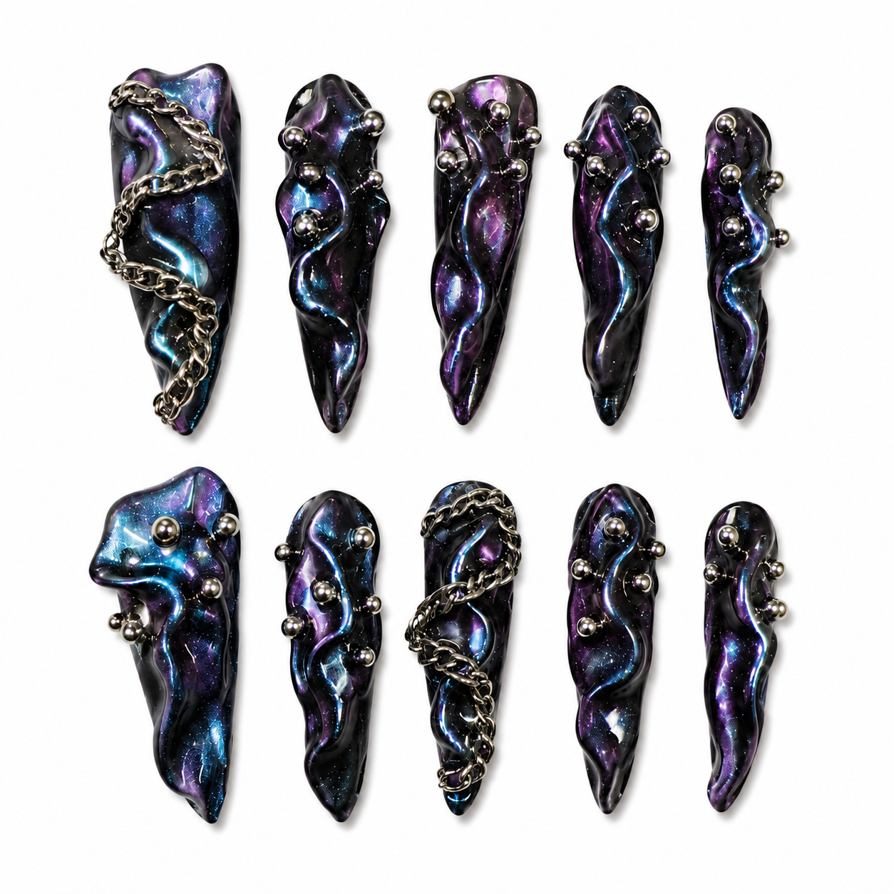 Nebula Ripple - Amethyst Galaxy Chain Gothic Stiletto Press On Nails