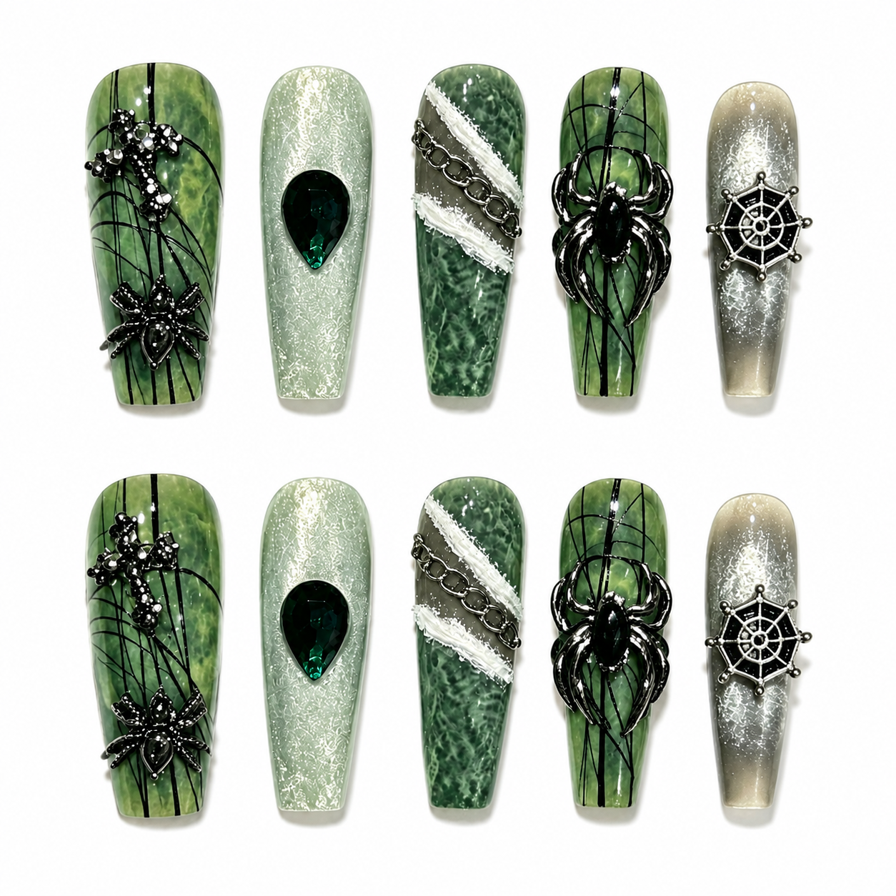 Emerald Widow - Green Marble Spider Gothic Coffin Press On Nails