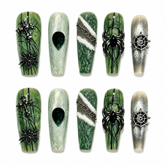 Emerald Widow - Green Marble Spider Gothic Coffin Press On Nails