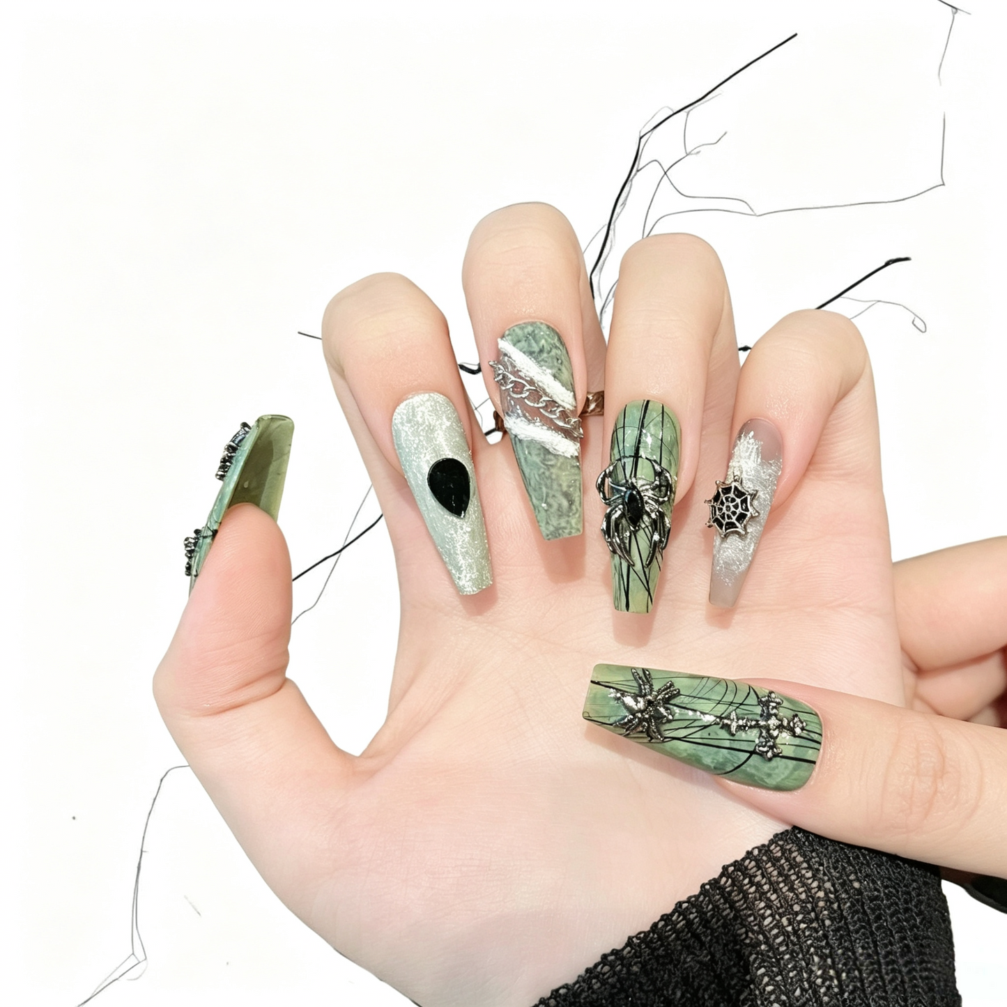 Emerald Widow - Green Marble Spider Gothic Coffin Press On Nails