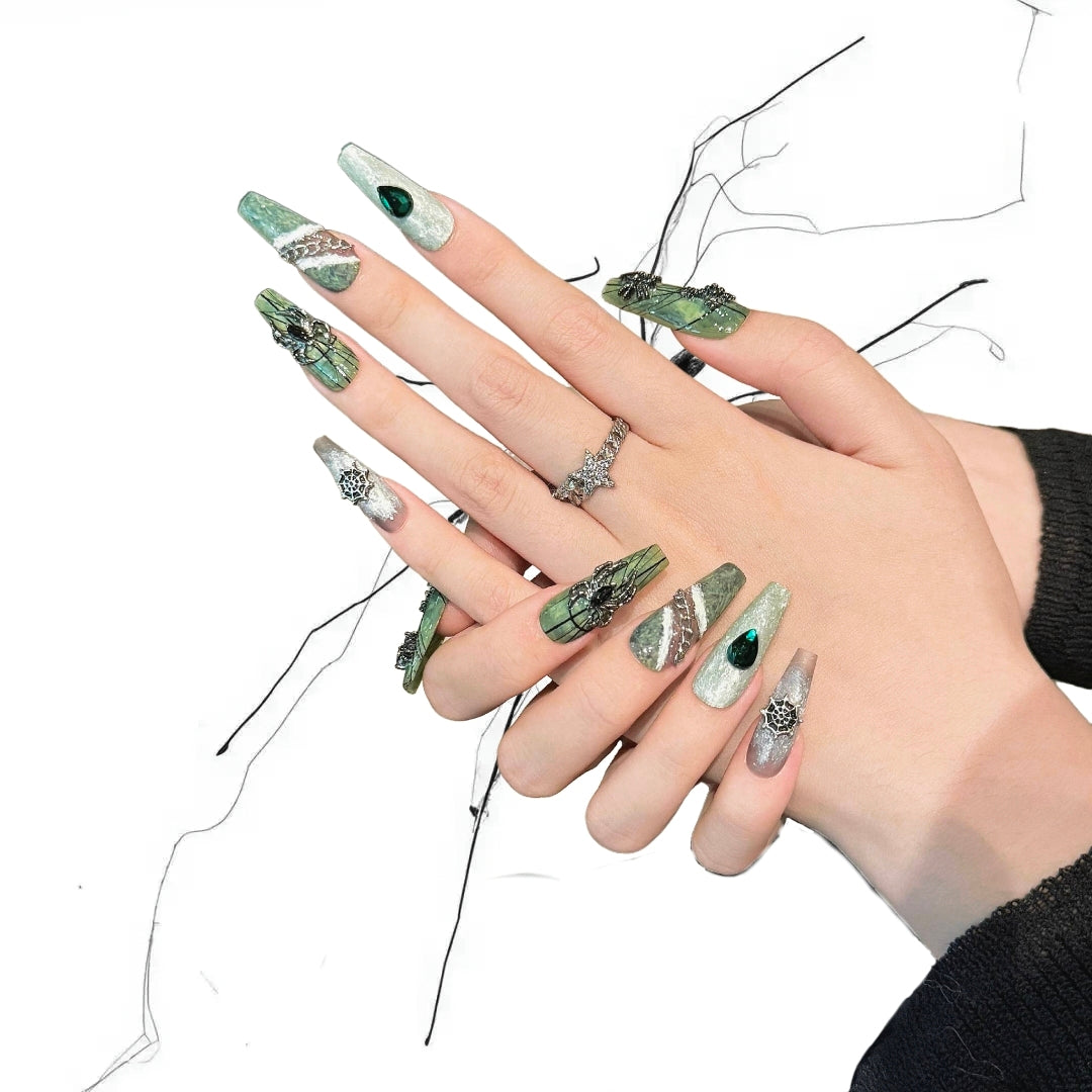 Emerald Widow - Green Marble Spider Gothic Coffin Press On Nails