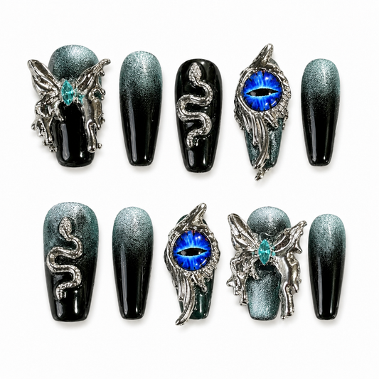 Azure Demon Gaze - Teal Ombre Evil Eye Gothic Coffin Press On Nails