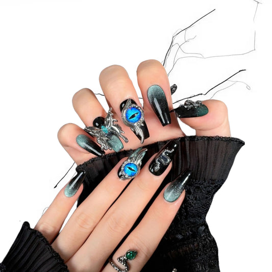 Azure Demon Gaze - Teal Ombre Evil Eye Gothic Coffin Press On Nails