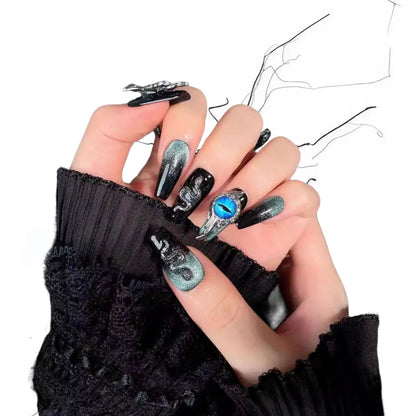 Azure Demon Gaze - Teal Ombre Evil Eye Gothic Coffin Press On Nails