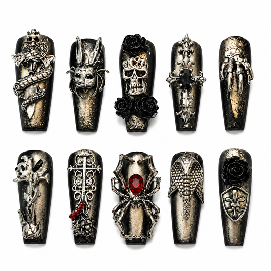 Graveyard Talisman - Vintage Metal Skull Gothic Coffin Press On Nails