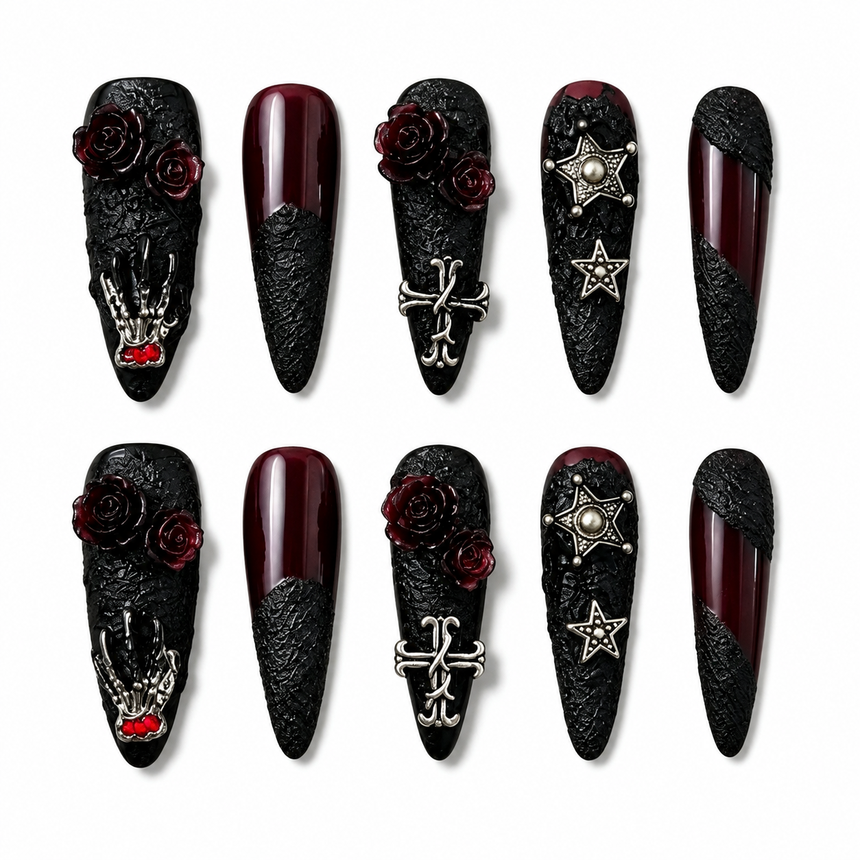Blood Oath Rose - Burgundy Ombre Pentagram Gothic Press On Nails