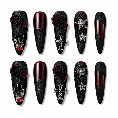Blood Oath Rose - Burgundy Ombre Pentagram Gothic Press On Nails