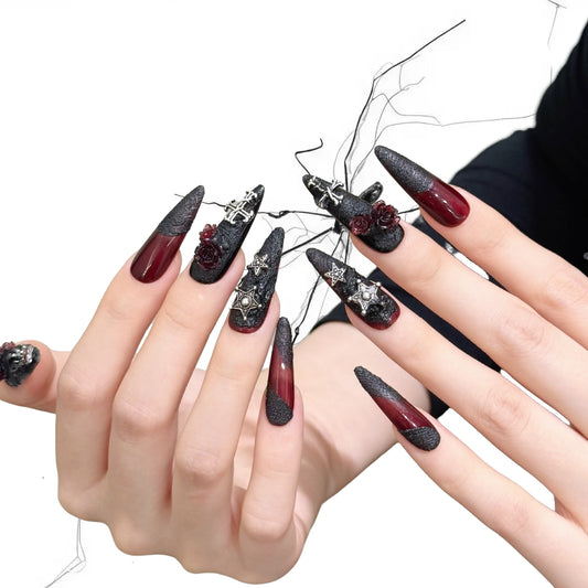 Blood Oath Rose - Burgundy Ombre Pentagram Gothic Press On Nails