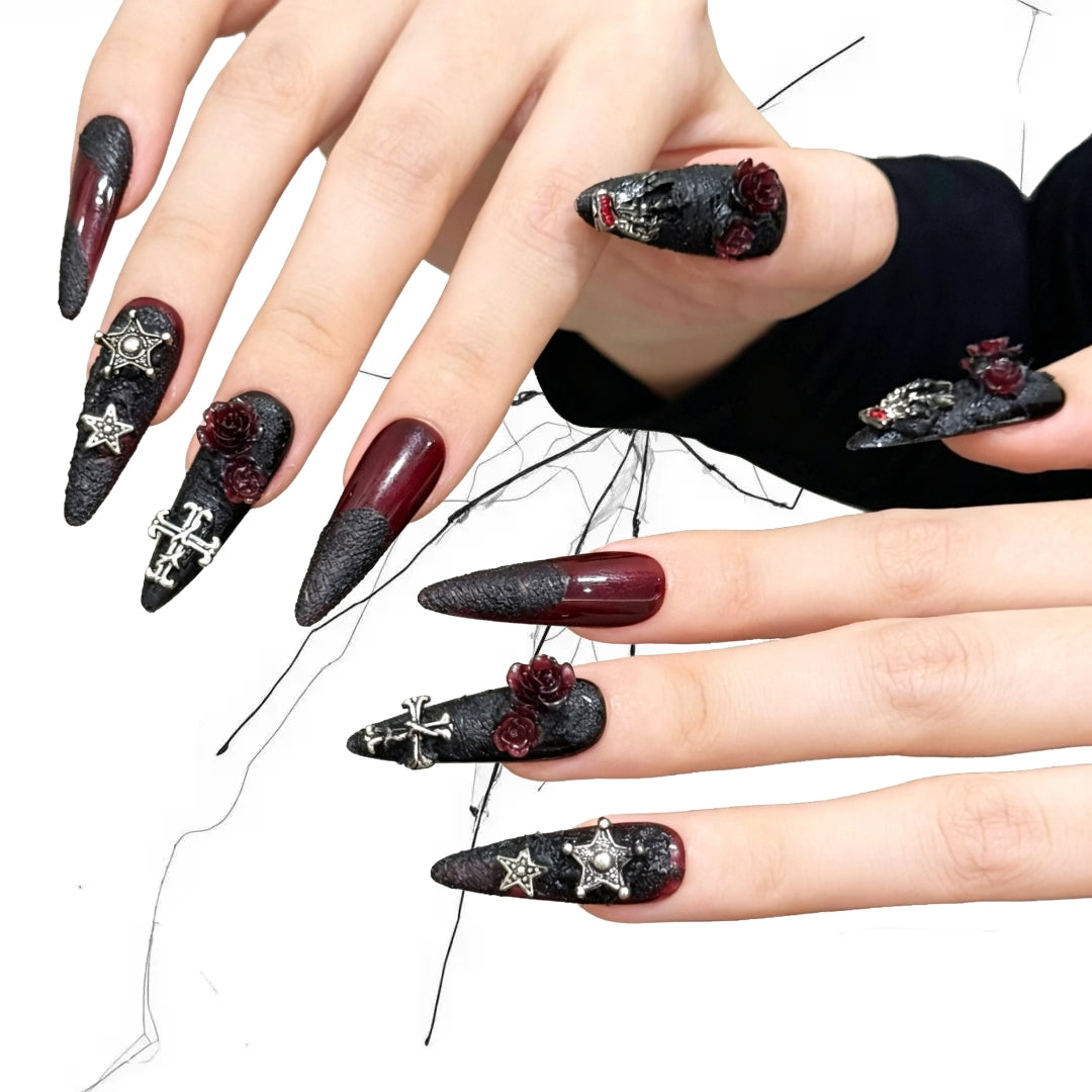 Blood Oath Rose - Burgundy Ombre Pentagram Gothic Press On Nails