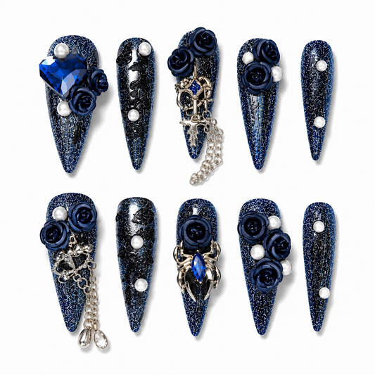 Midnight Sapphire - Sapphire Blue Spider Gothic Stiletto Press On Nails