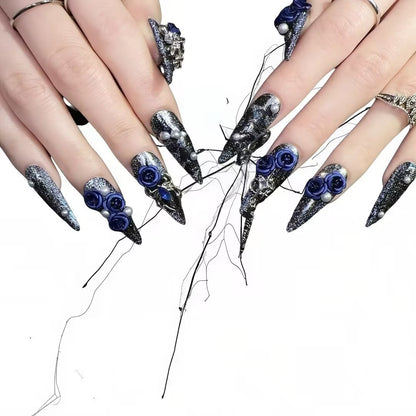 Midnight Sapphire - Sapphire Blue Spider Gothic Stiletto Press On Nails