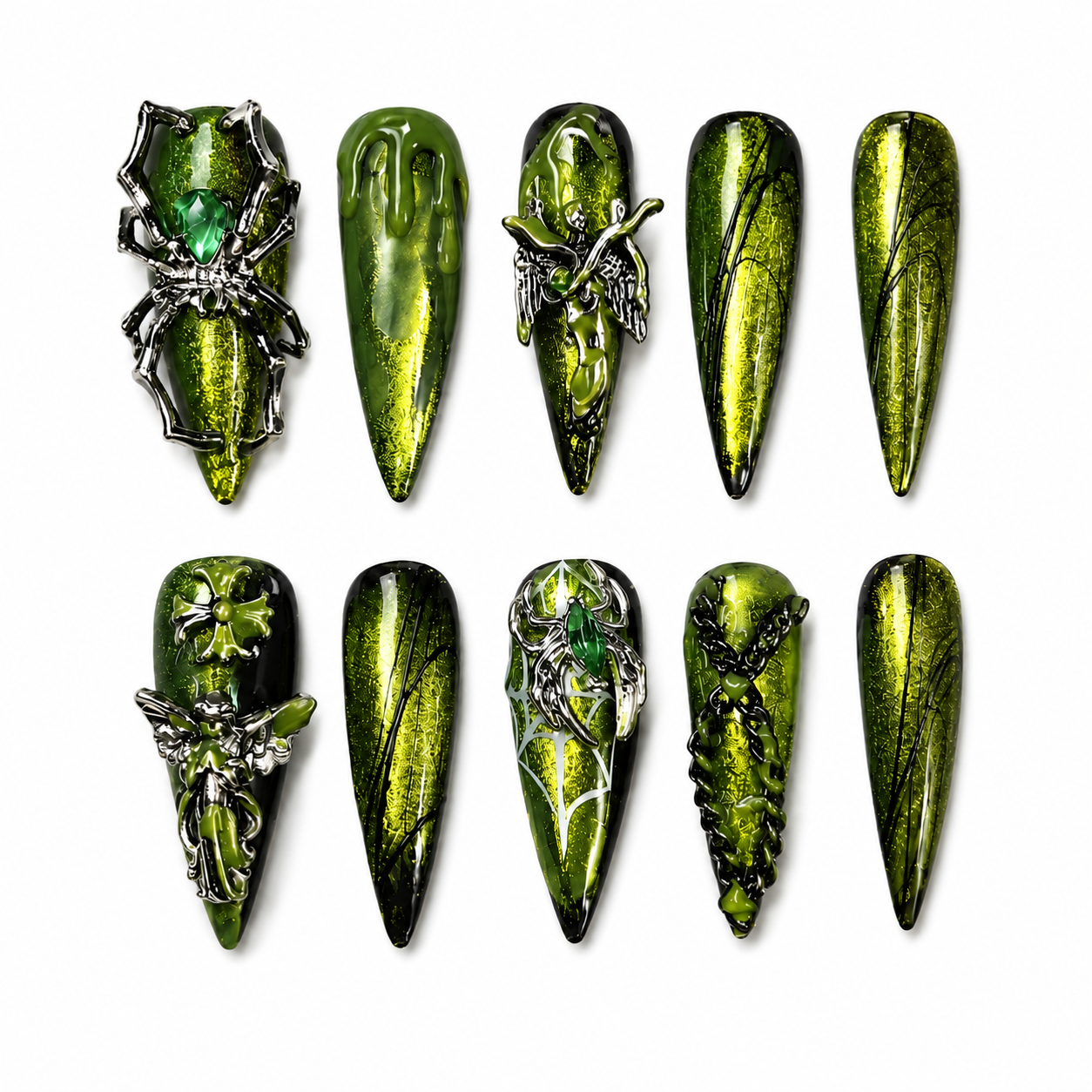 Toxic Widow - Venom Green Drip Spider Gothic Stiletto Press On Nails