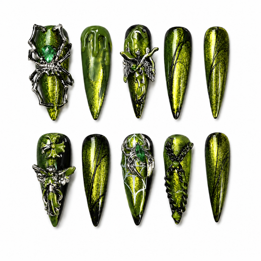 Toxic Widow - Venom Green Drip Spider Gothic Stiletto Press On Nails