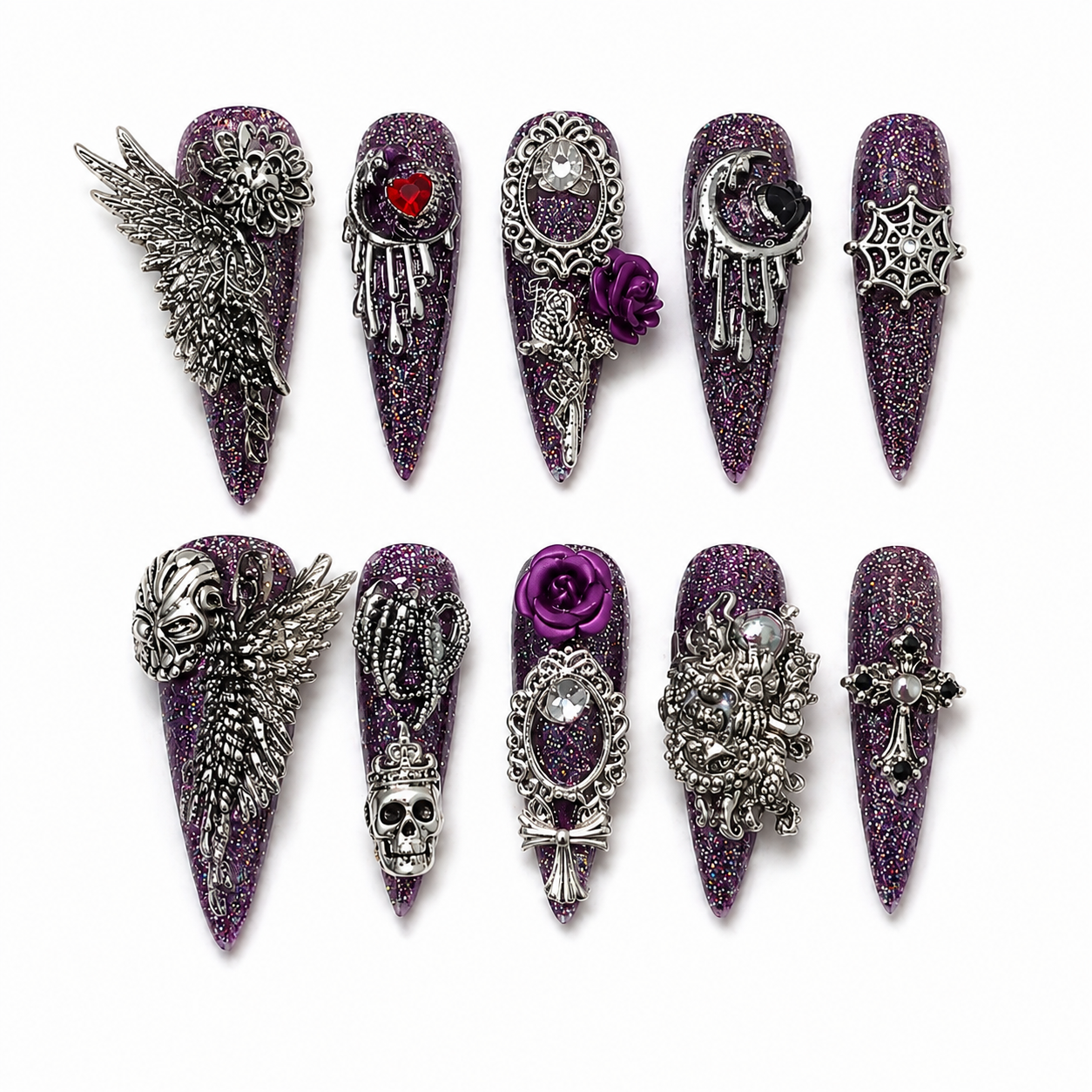 Amethyst Nocturne - Holographic Purple Skull Wing Gothic Stiletto Press On Nails