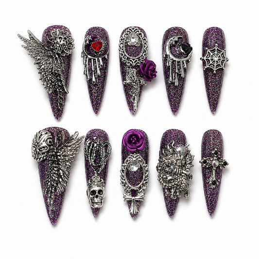 Amethyst Nocturne - Holographic Purple Skull Wing Gothic Stiletto Press On Nails