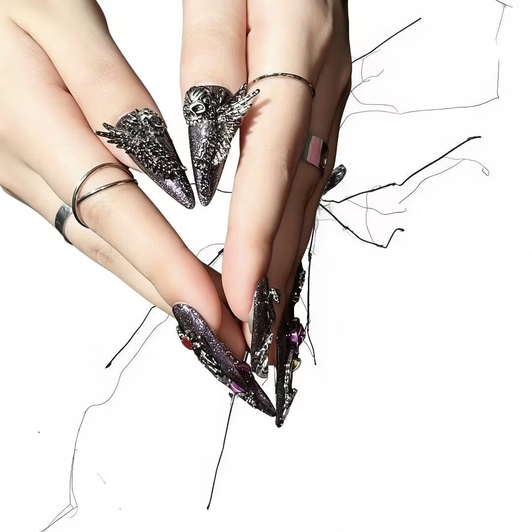 Amethyst Nocturne - Holographic Purple Skull Wing Gothic Stiletto Press On Nails