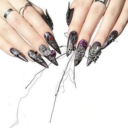 Amethyst Nocturne - Holographic Purple Skull Wing Gothic Stiletto Press On Nails