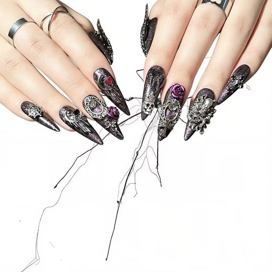 Amethyst Nocturne - Holographic Purple Skull Wing Gothic Stiletto Press On Nails