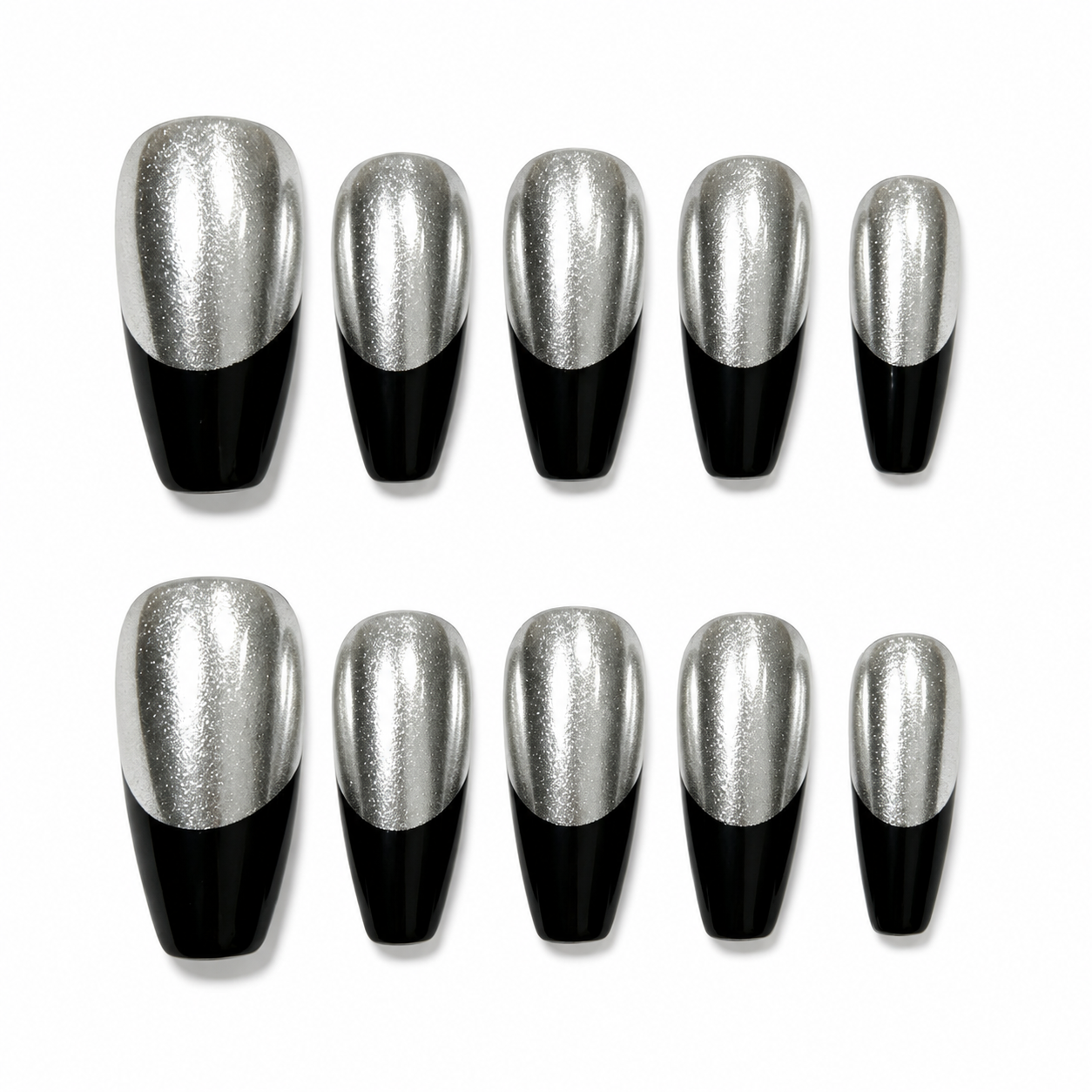 Silver Split - Chrome Silver Black Ombre Gothic Coffin Press On Nails