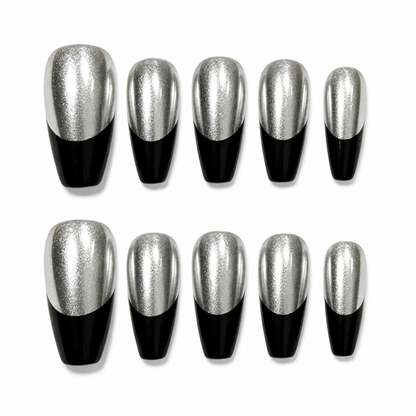 Silver Split - Chrome Silver Black Ombre Gothic Coffin Press On Nails