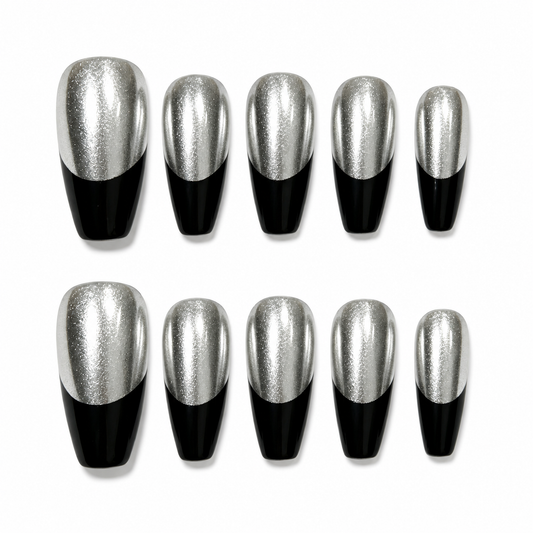 Silver Split - Chrome Silver Black Ombre Gothic Coffin Press On Nails