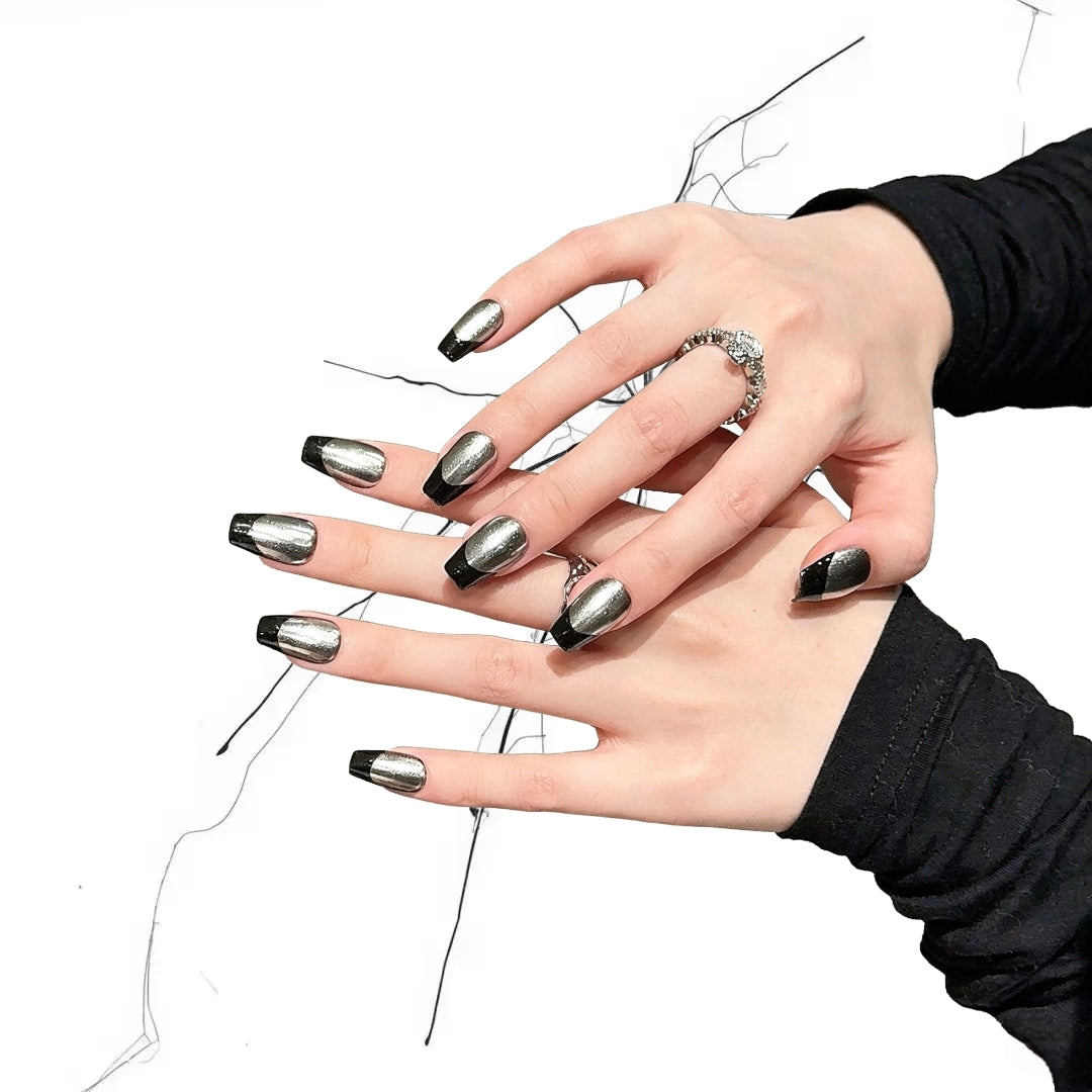 Silver Split - Chrome Silver Black Ombre Gothic Coffin Press On Nails