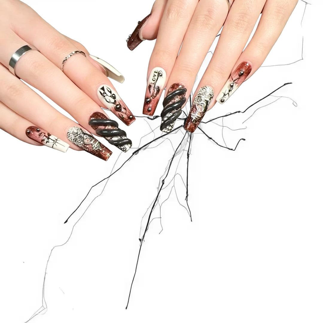 Rustic Darklove - Vintage Brown Rose Gothic Coffin Press On Nails