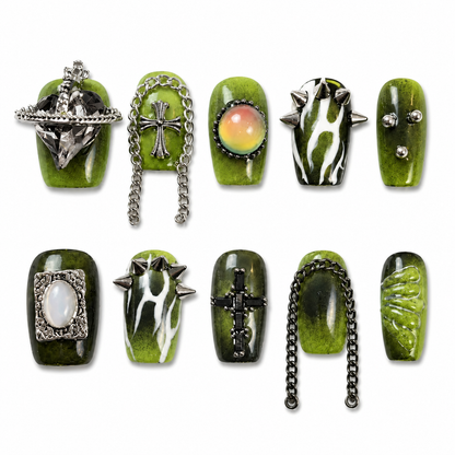 Toxic Planet Hex - Slime Ombre Opal Chain Gothic Press On Nails