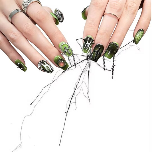 Toxic Planet Hex - Slime Ombre Opal Chain Gothic Press On Nails