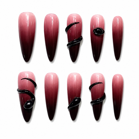 Blush Venom - Burgundy Pink Ombre 3D Snake Gothic Stiletto Press On Nails