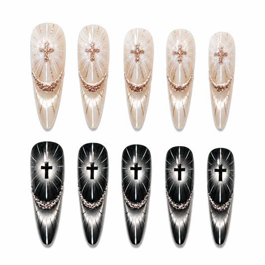Twin Sanctum - Nude Black Cross Gothic Stiletto Press On Nails