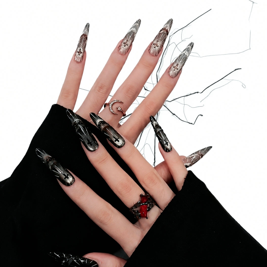 Twin Sanctum - Nude Black Cross Gothic Stiletto Press On Nails