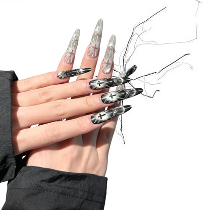 Twin Sanctum - Nude Black Cross Gothic Stiletto Press On Nails