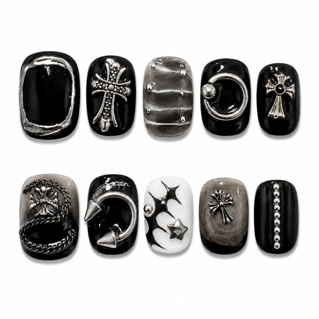 Chrome Sanctuary - Smoky Grey Marble Cross Gothic Square Press On Nails