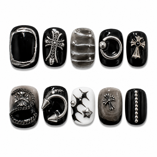 Chrome Sanctuary - Smoky Grey Marble Cross Gothic Square Press On Nails
