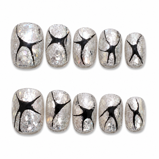 Lunar Noir Shard - Celestial Silver Star Gothic Press On Nails