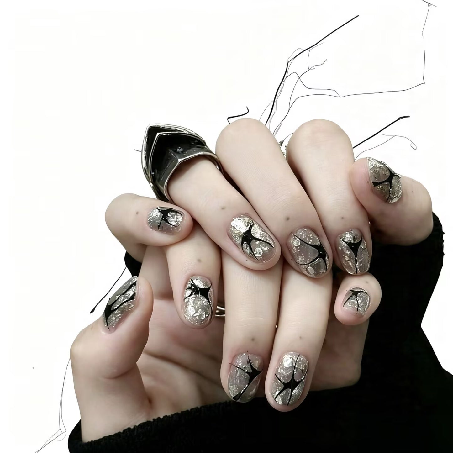Lunar Noir Shard - Celestial Silver Star Gothic Press On Nails