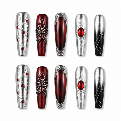 Widow’s Blood - Silver Spider Gothic Press On Nails