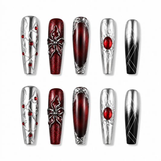 Widow’s Blood - Silver Spider Gothic Press On Nails