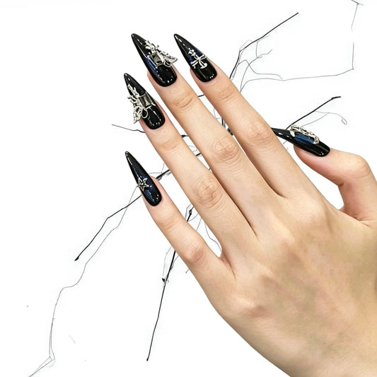 Midnight Witchmoon - Blue Galaxy Gothic Stiletto Press On Nails
