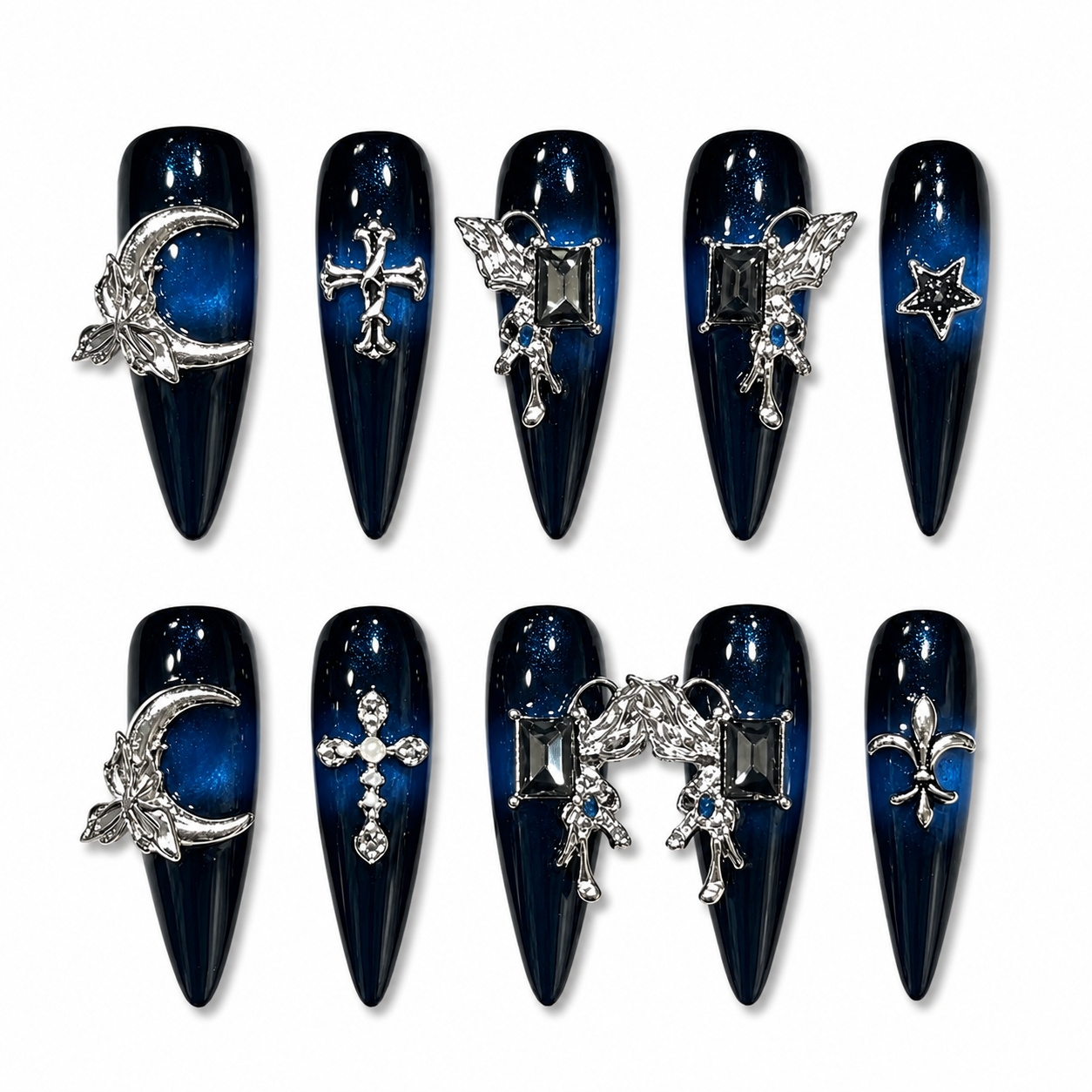 Midnight Witchmoon - Blue Galaxy Gothic Stiletto Press On Nails